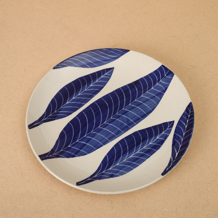 White Base Dinner Plate with Blue Leaf design