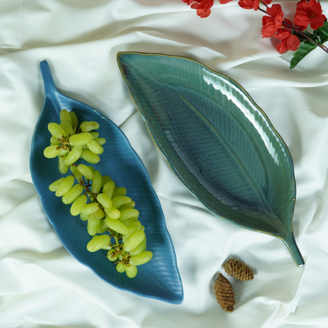 Ocean Blue Ceramic Leaf Platter