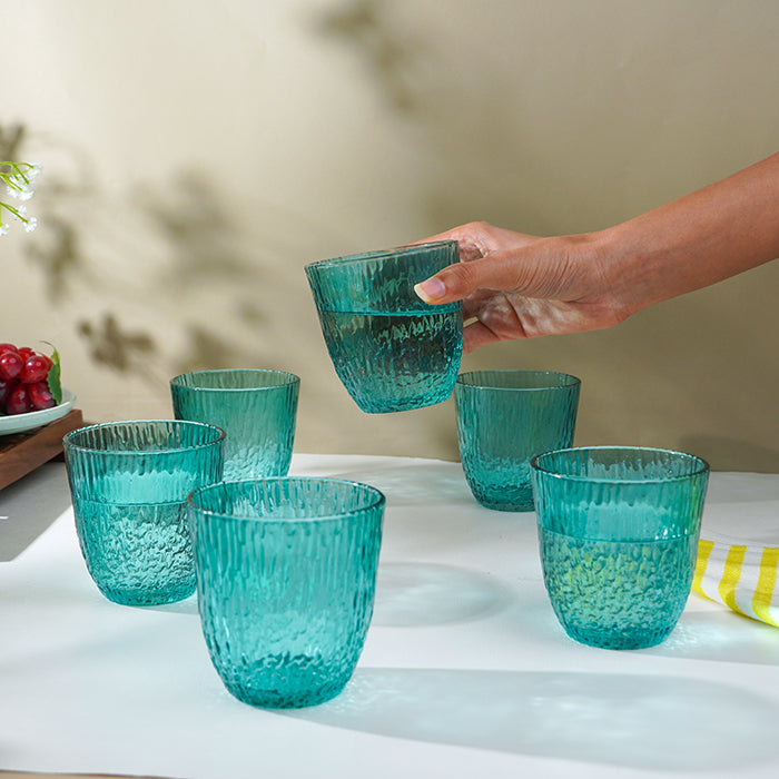 Aqua Green Textured Glasses with Rippled Design | Set of 6