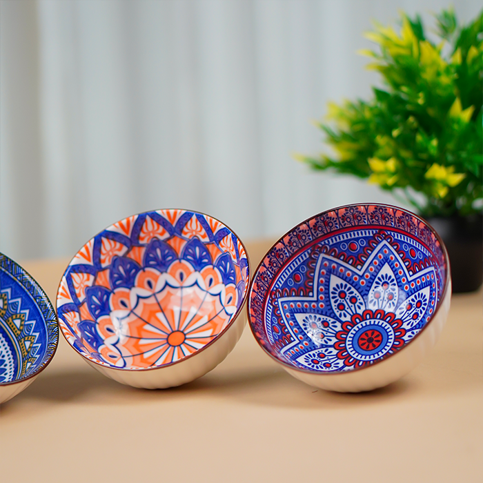 Geometric Floral Pattern Painted Ceramic Bowls Set of 4