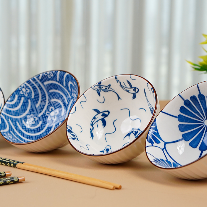 Blue Artwork Ceramic Bowls Set of 6 with Chopsticks