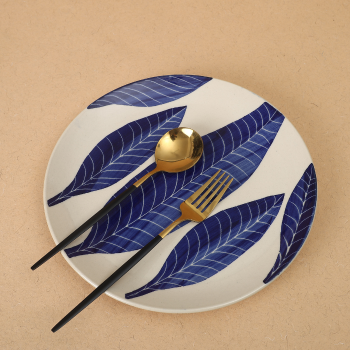 White Base Dinner Plate with Blue Leaf design Main image