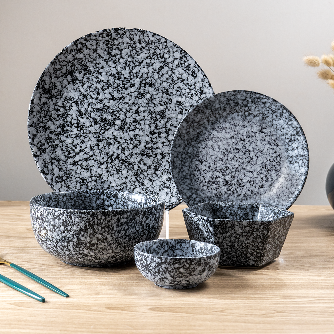 Black and White Speckled Ceramic Dinnerware - Set of 23