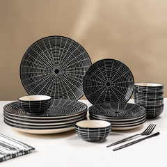 Black and White Grid Ceramic Dinnerware - Set of 18