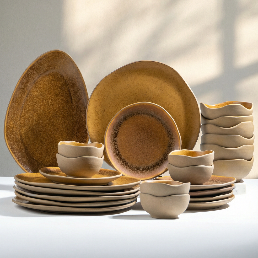 Rustic Brown Irregular Ceramic Dinnerware Set of 25