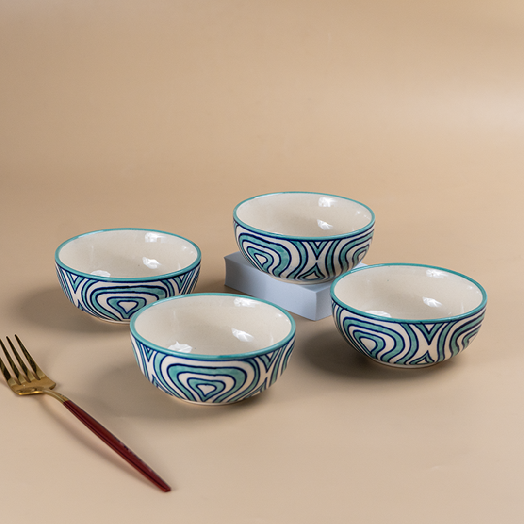 Hand-Painted Blue Ceramic Bowls - Set of 4