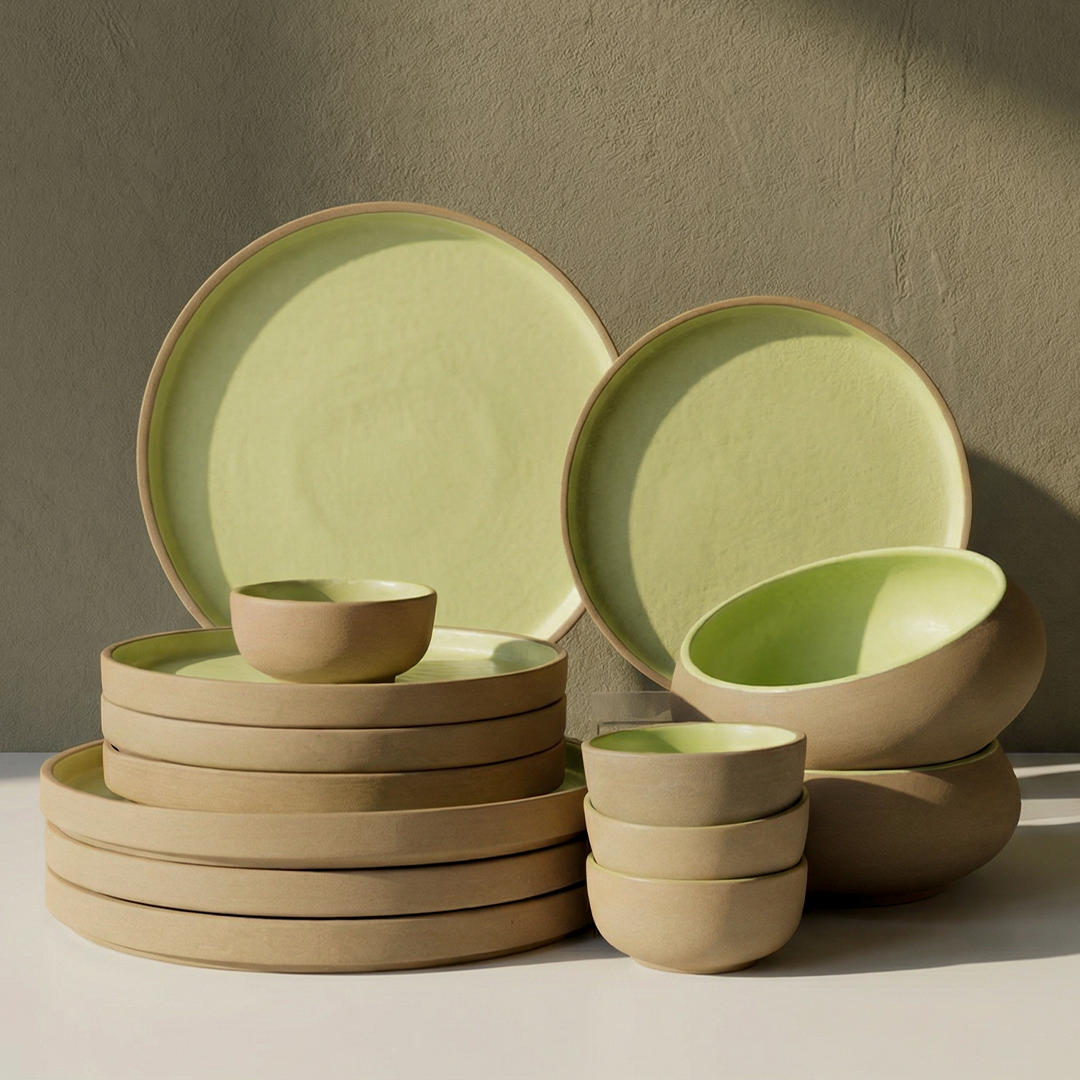 Light Green & Rust Ceramic Dinnerware Set of 14