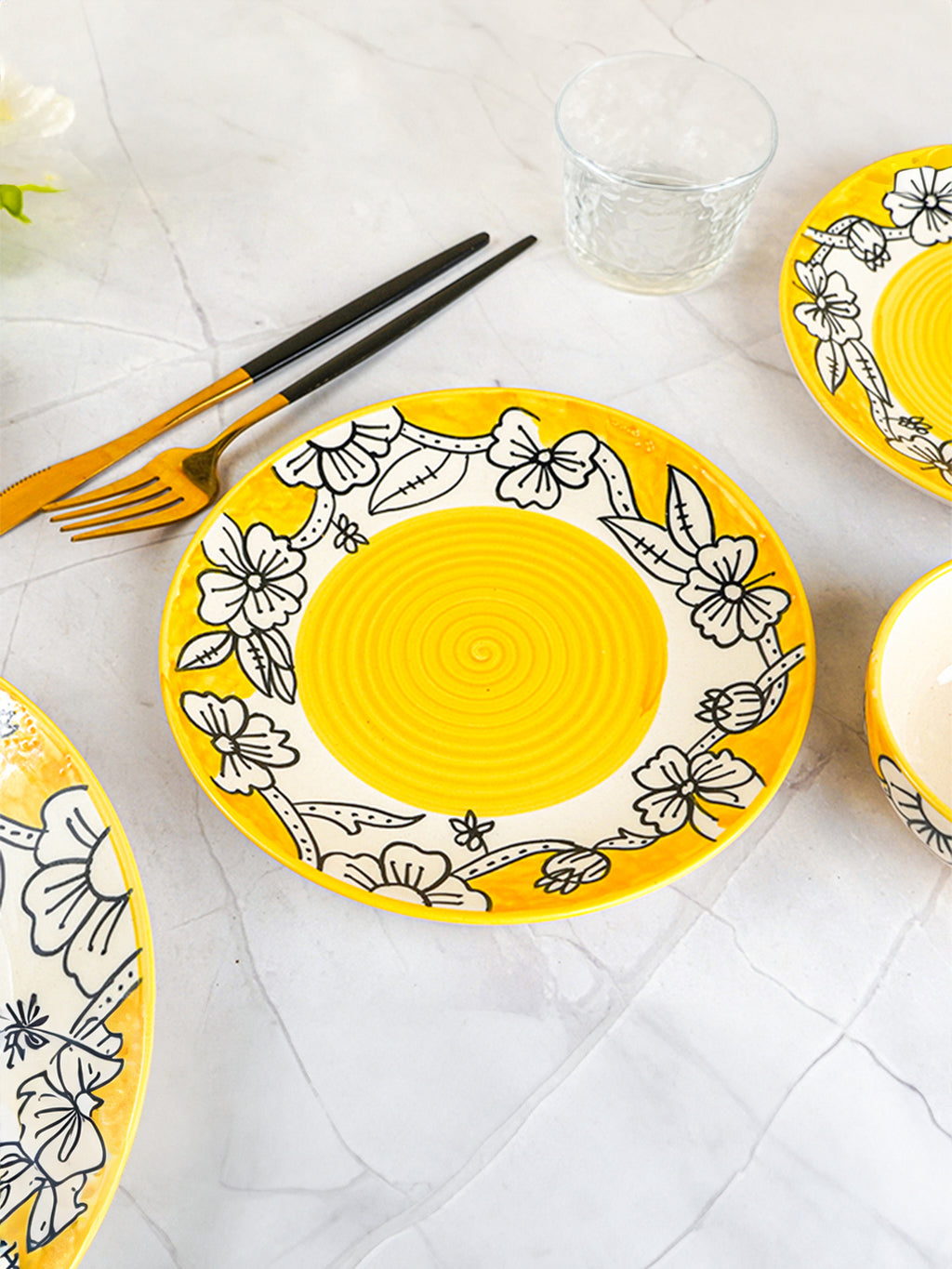 Yellow Ceramic Dinner Set with Black Floral Border - Set of 18