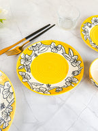 Yellow Ceramic Dinner Set with Black Floral Border - Set of 18