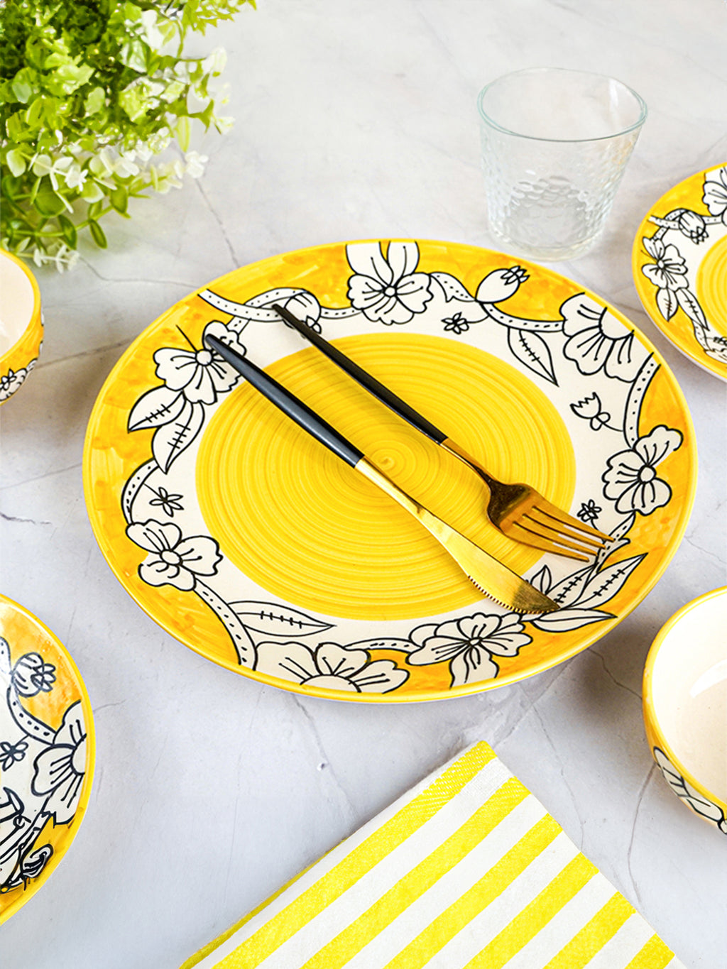 Yellow Ceramic Dinner Set with Black Floral Border - Set of 18