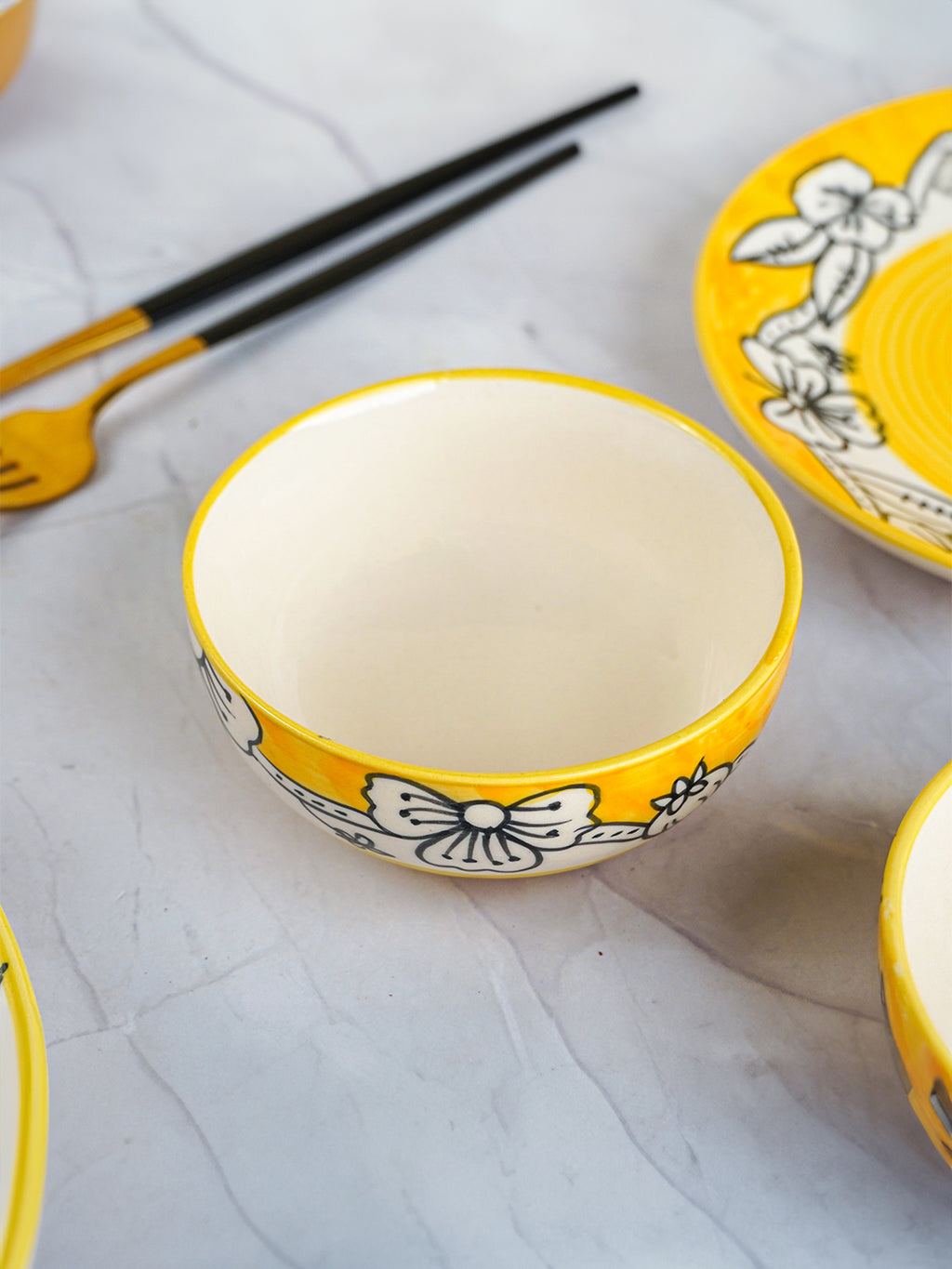 Yellow Ceramic Dinner Set with Black Floral Border - Set of 18