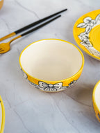 Yellow Ceramic Dinner Set with Black Floral Border - Set of 18