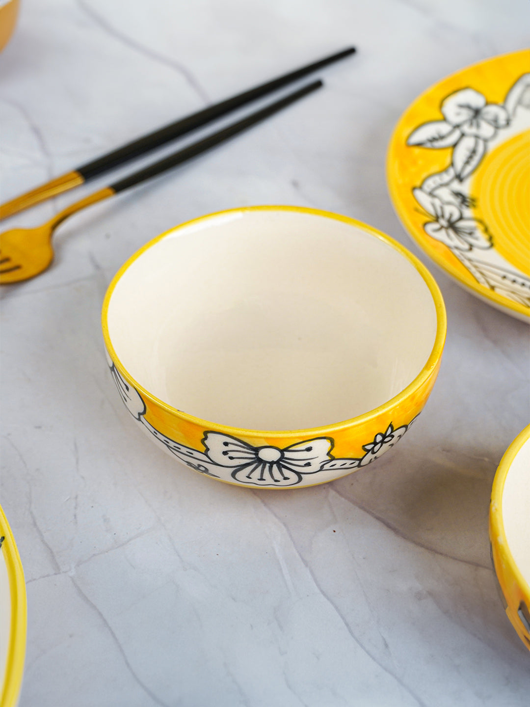 Yellow Ceramic Dinner Set with Black Floral Border - Set of 18