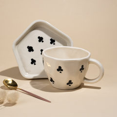 Handcrafted Ceramic Cup and Saucer Set of 4 with Playing Cards Design