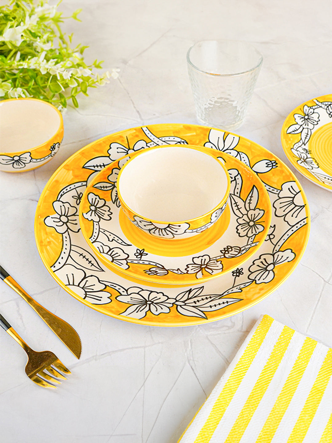 Yellow Ceramic Dinner Set with Black Floral Border - Set of 18 Secondary image