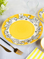 Yellow Ceramic Dinner Set with Black Floral Border - Set of 18
