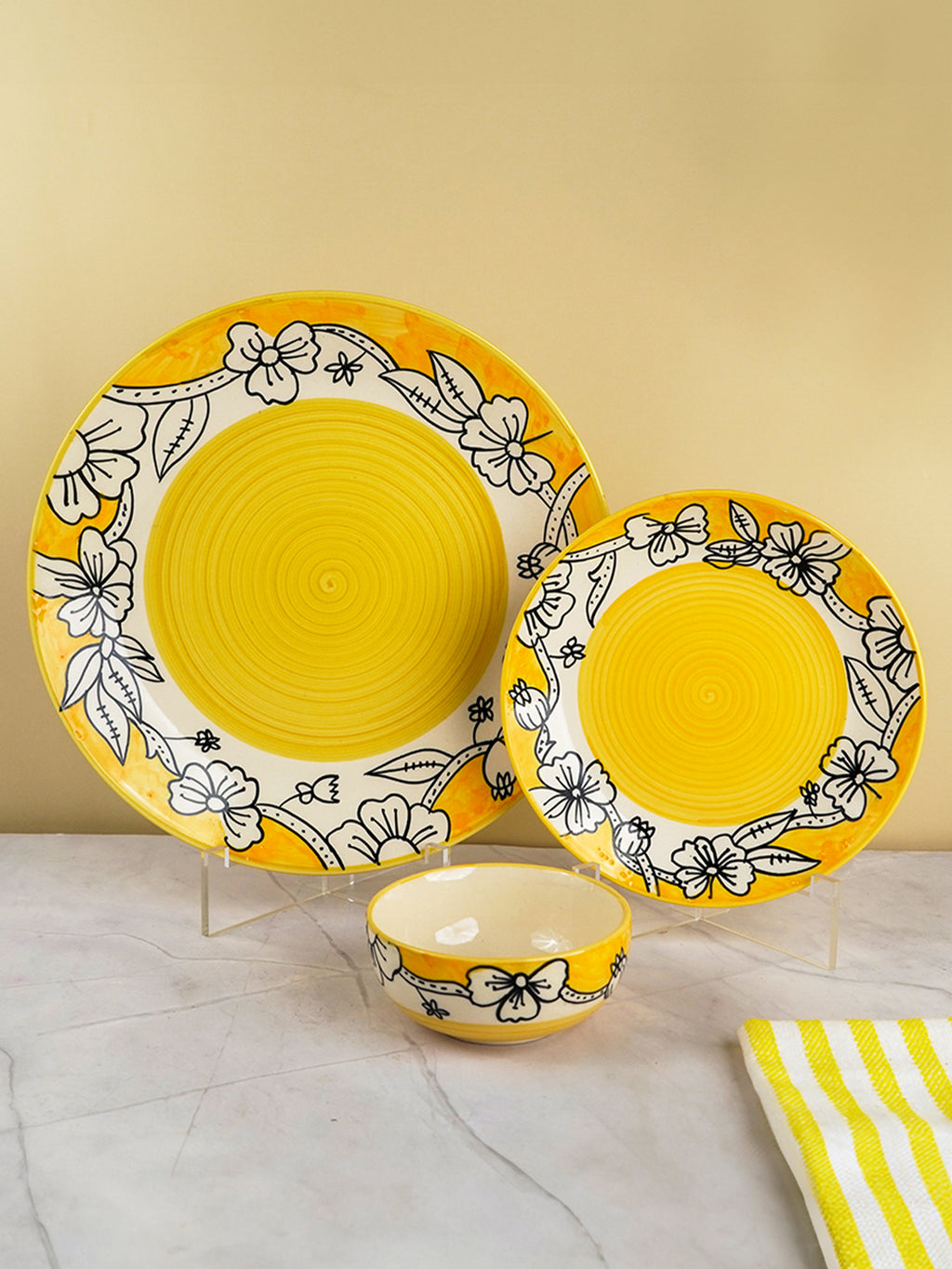 Yellow Ceramic Dinner Set with Black Floral Border - Set of 18