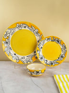 Yellow Ceramic Dinner Set with Black Floral Border - Set of 18