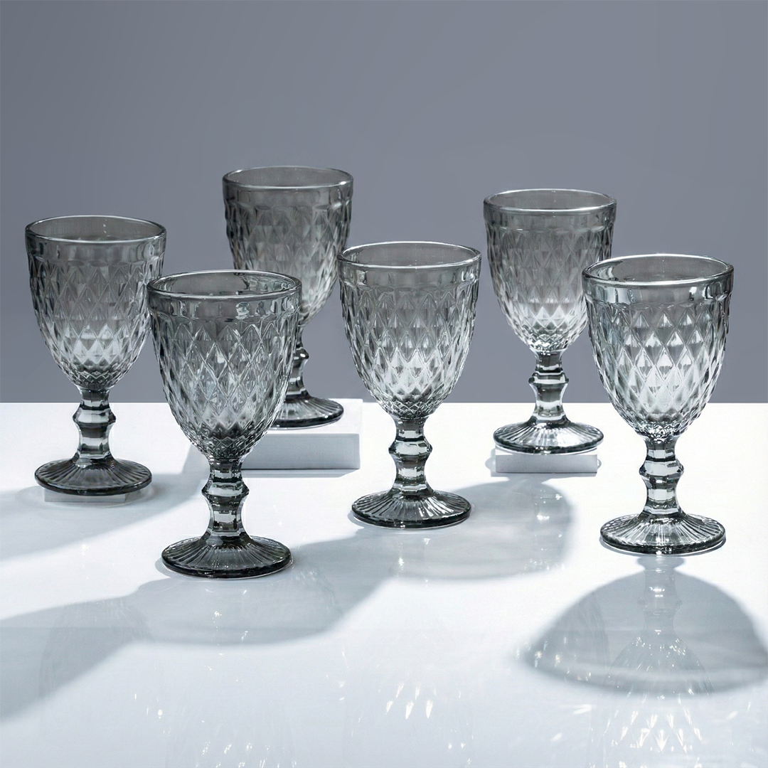 Smoke-Grey Diamond-Cut Goblets - Set of 6