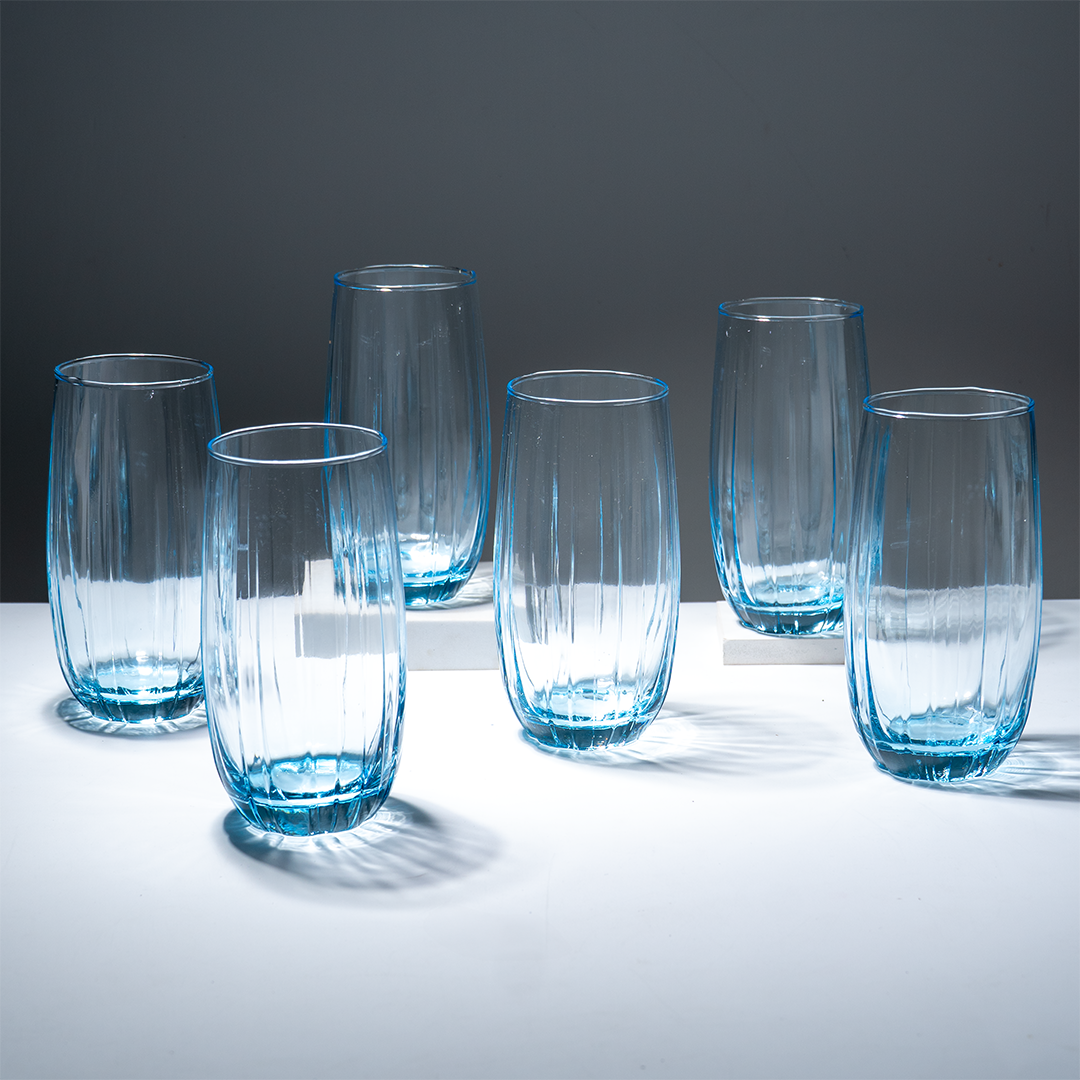 Ocean-Blue Textured Tall Glasses - Set of 6