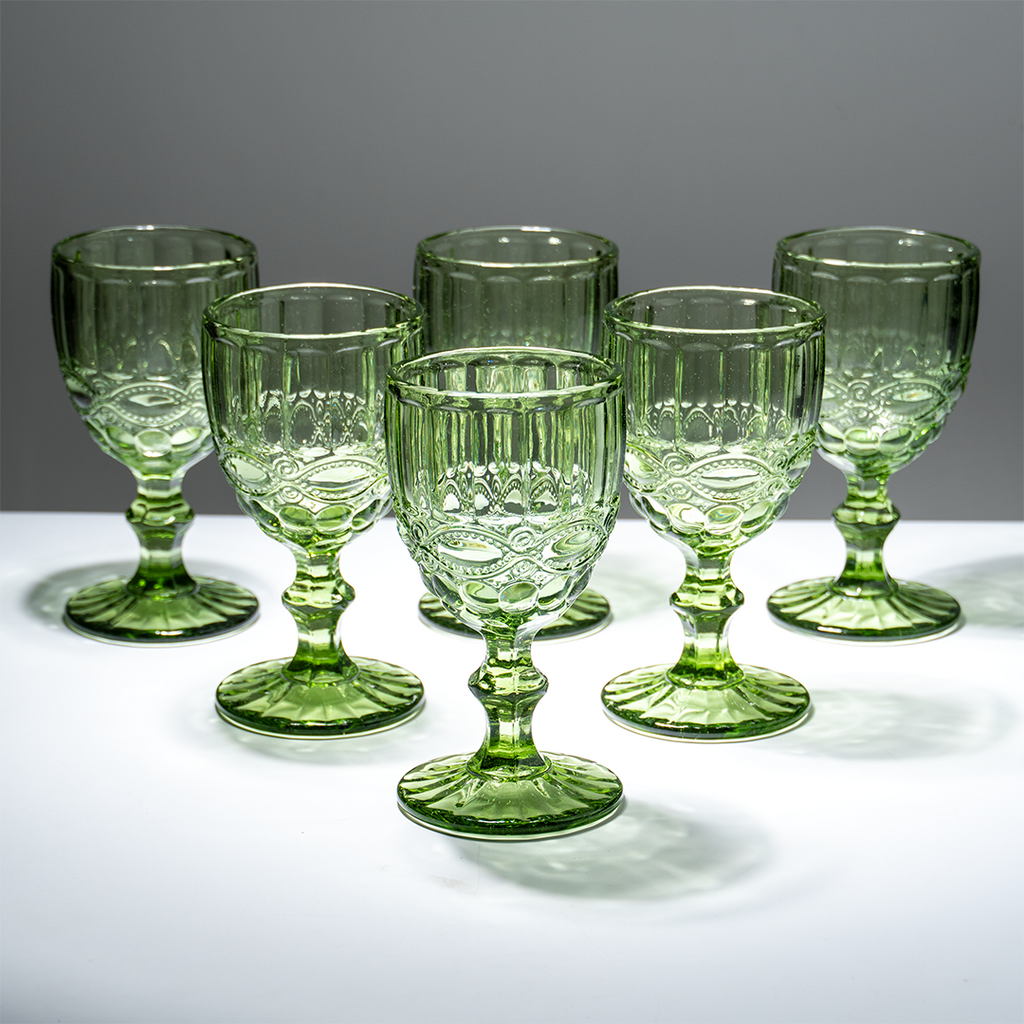 Green Vintage Embossed Glass Goblet Set – 6-Piece