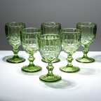 Green Vintage Embossed Glass Goblet Set – 6-Piece