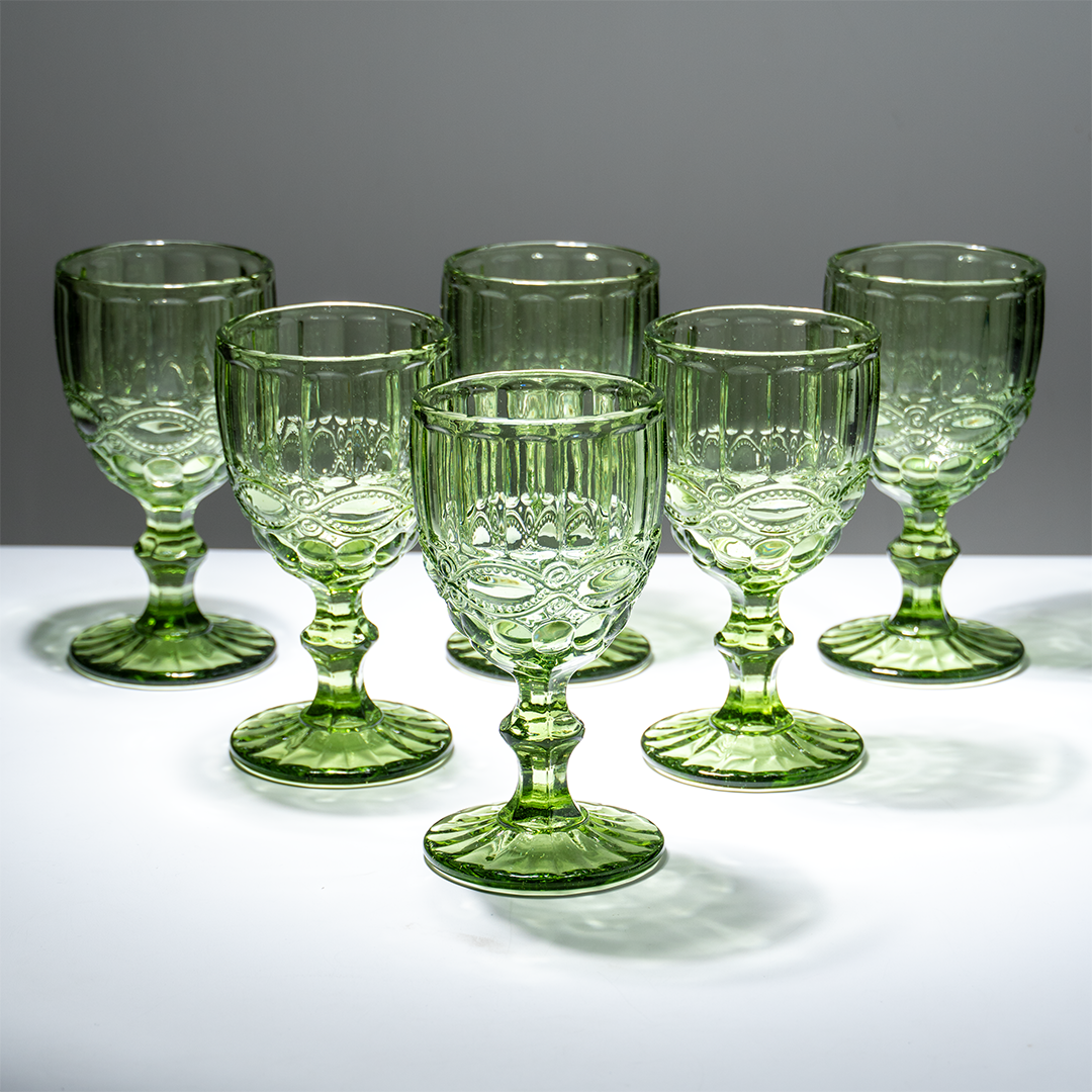 Green Vintage Embossed Glass Goblet Set – 6-Piece