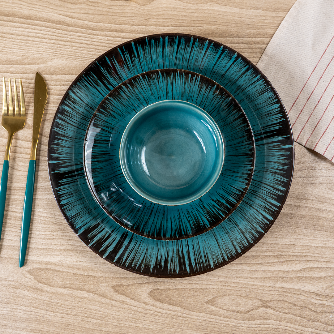 Ceramic Dinnerware Set with Black Tree Motif - Set of 18