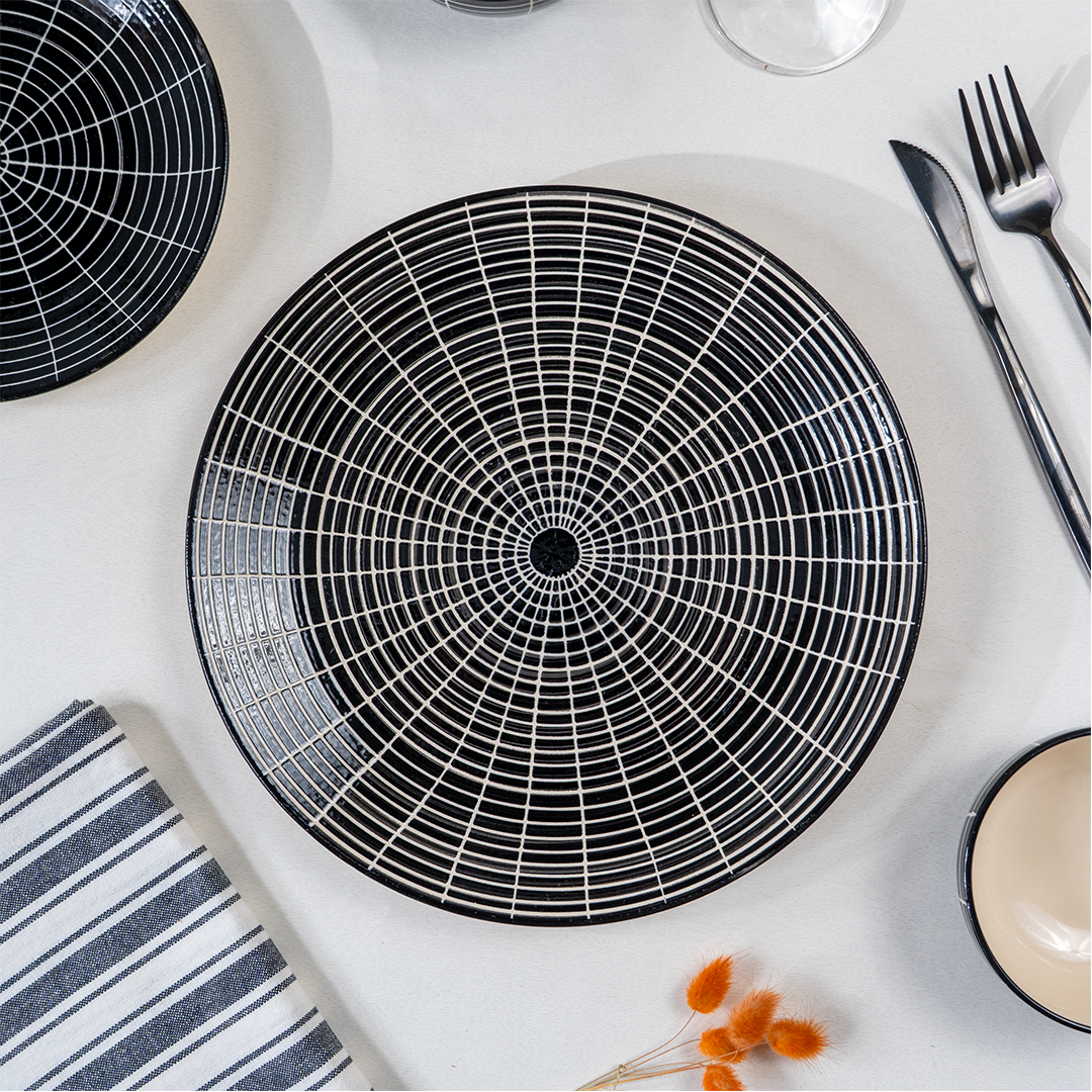 Black and White Grid Ceramic Dinnerware - Set of 18