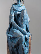 Seated Woman Sculpture on Wood Textured Pedestal – Profile Pose Figure Statue