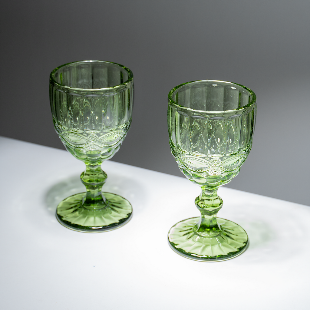 Green Vintage Embossed Glass Goblet Set – 6-Piece
