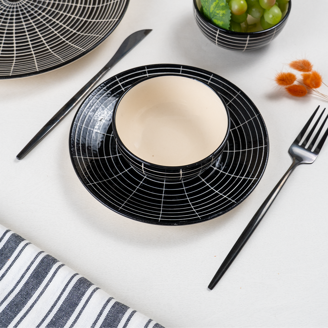 Black and White Grid Ceramic Dinnerware - Set of 18