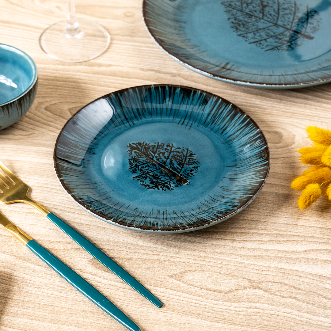 Ceramic Dinnerware Set with Black Tree Motif - Set of 18