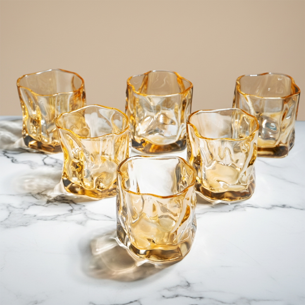 Amber-Colored Sculpted Glasses - Set of 6
