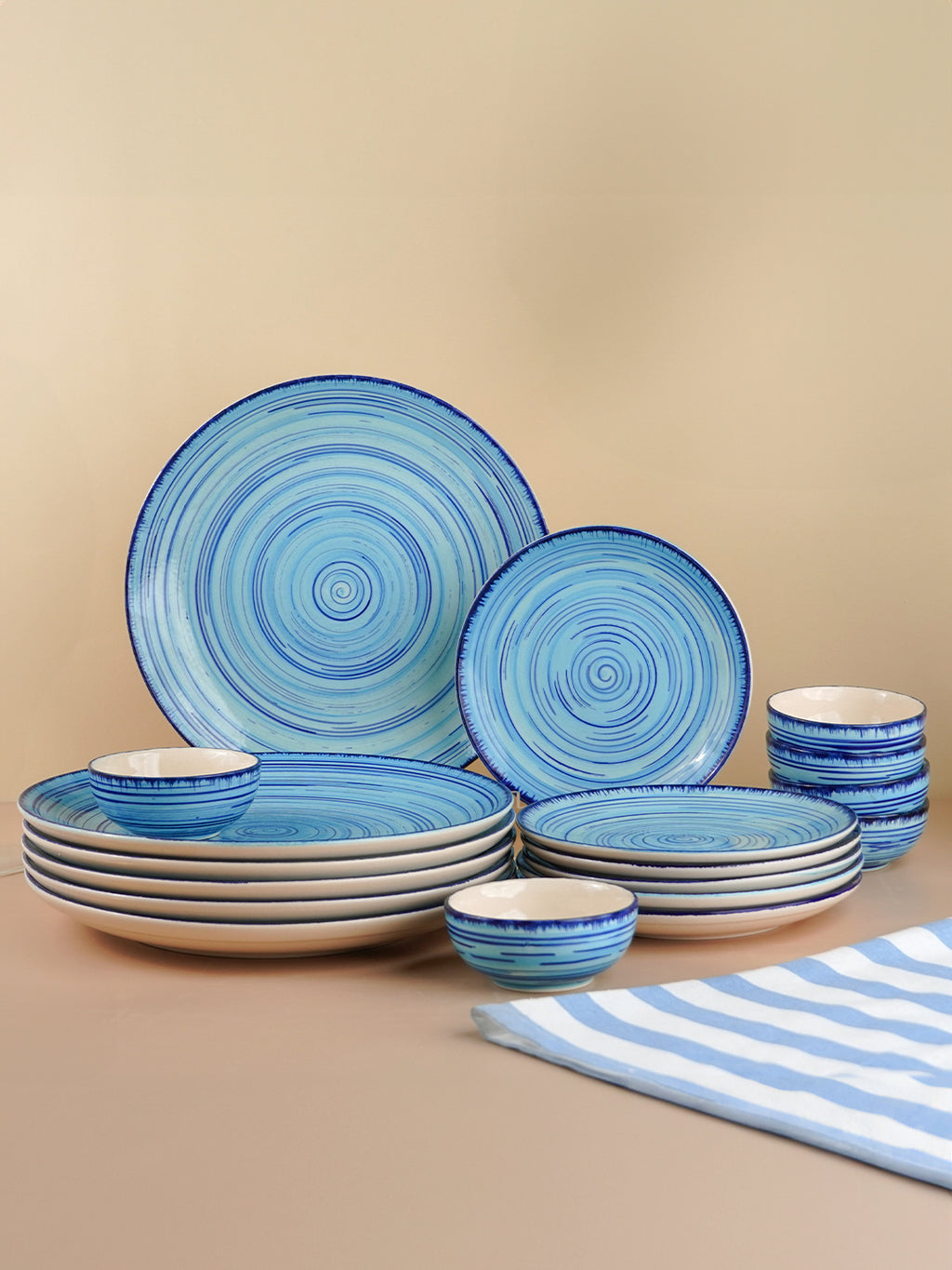 Sky Blue Ceramic Dinnerware Swirl Pattern - Set of 18
