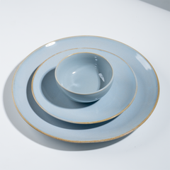 Light Blue Ceramic Dinner Set with Rustic Gold Rim Finish - Set of 20