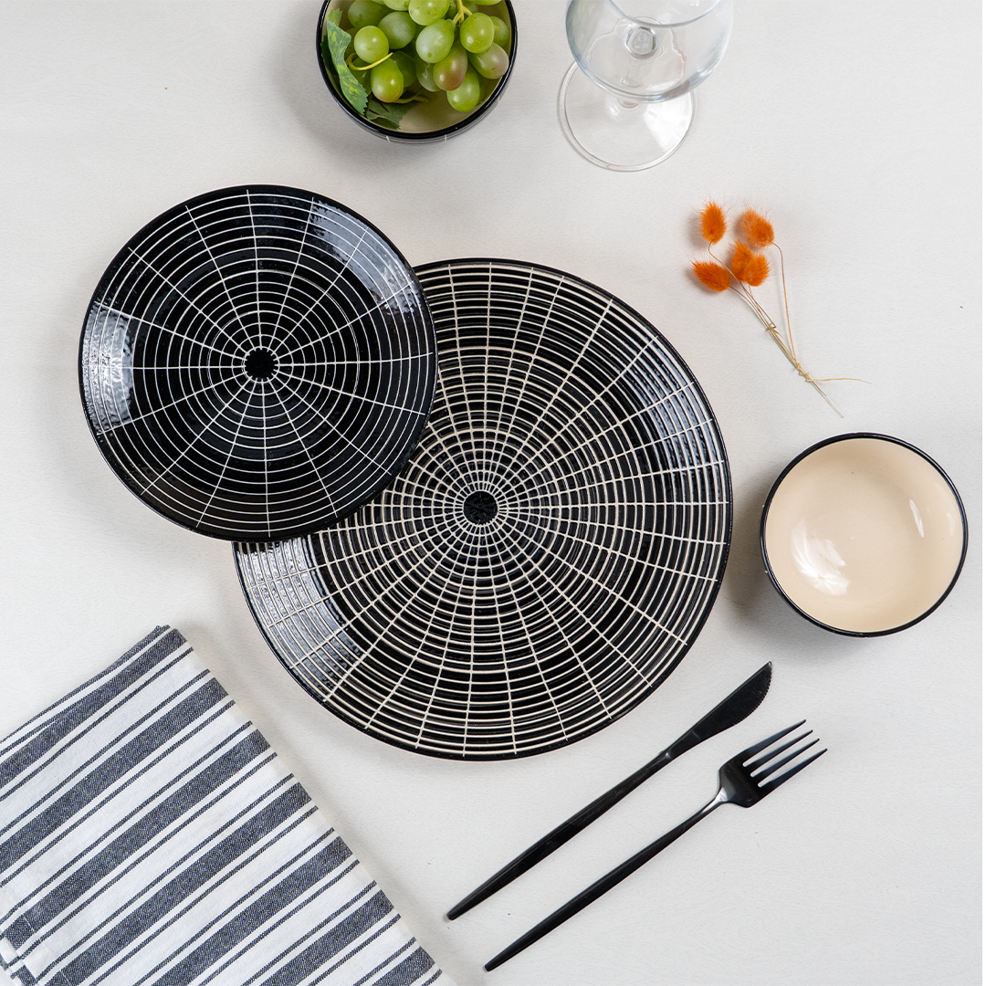 Black and White Grid Ceramic Dinnerware - Set of 18