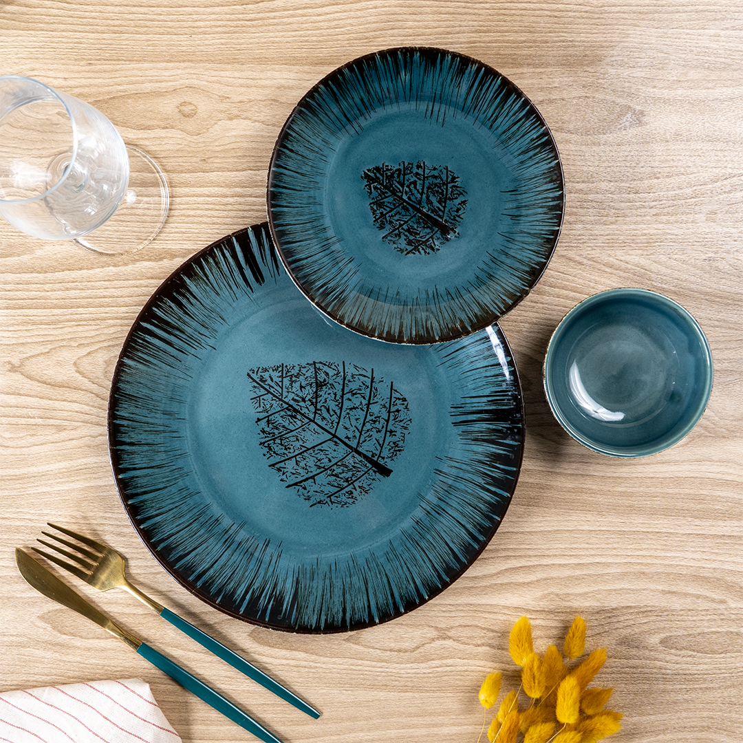 Ceramic Dinnerware Set with Black Tree Motif - Set of 18