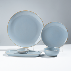 Light Blue Ceramic Dinner Set with Rustic Gold Rim Finish - Set of 20