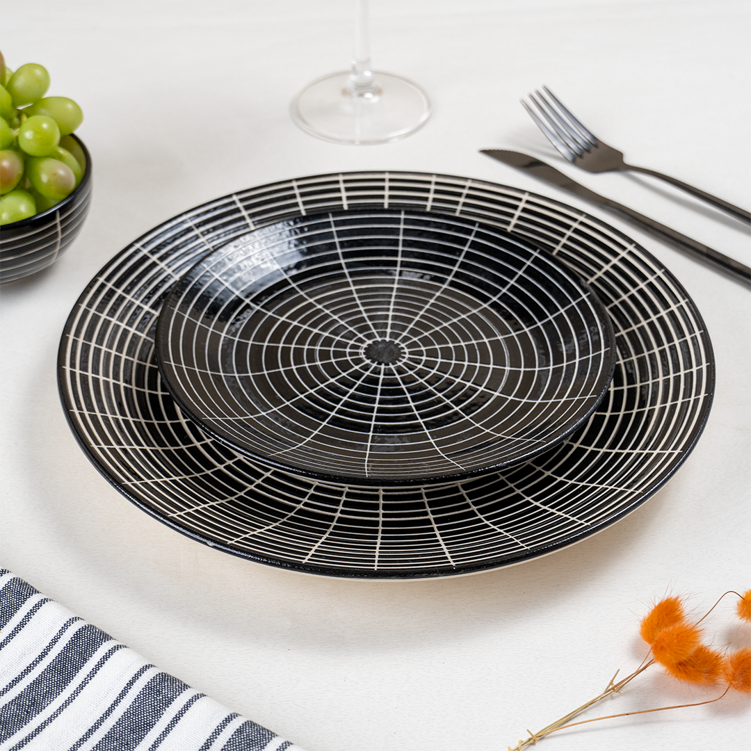 Black and White Grid Ceramic Dinnerware - Set of 18