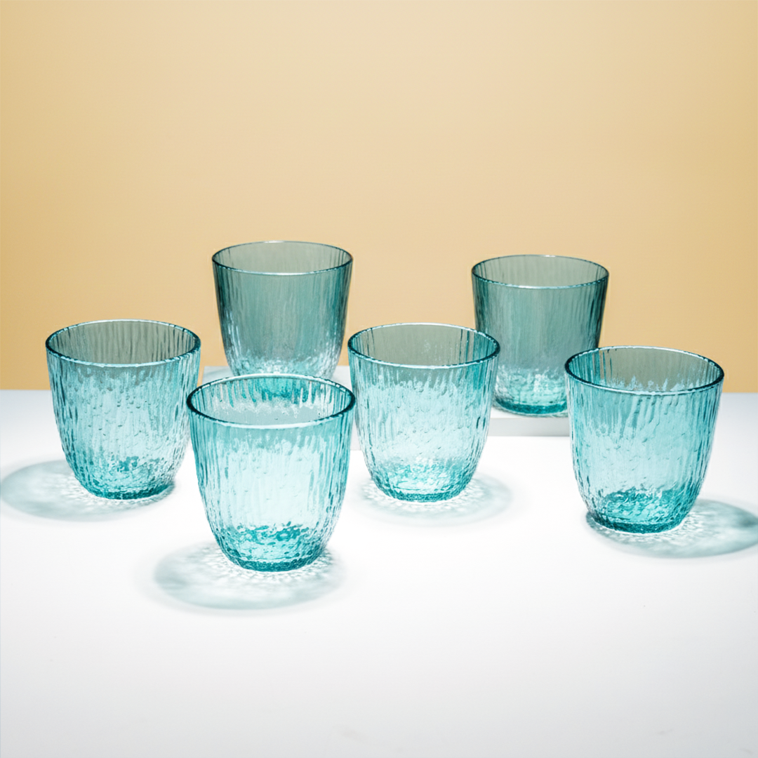 Aqua Green Textured Glasses with Rippled Design | Set of 6