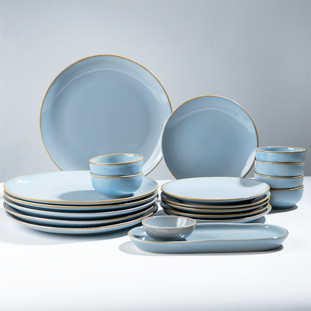 Light Blue Ceramic Dinner Set with Rustic Gold Rim Finish - Set of 20