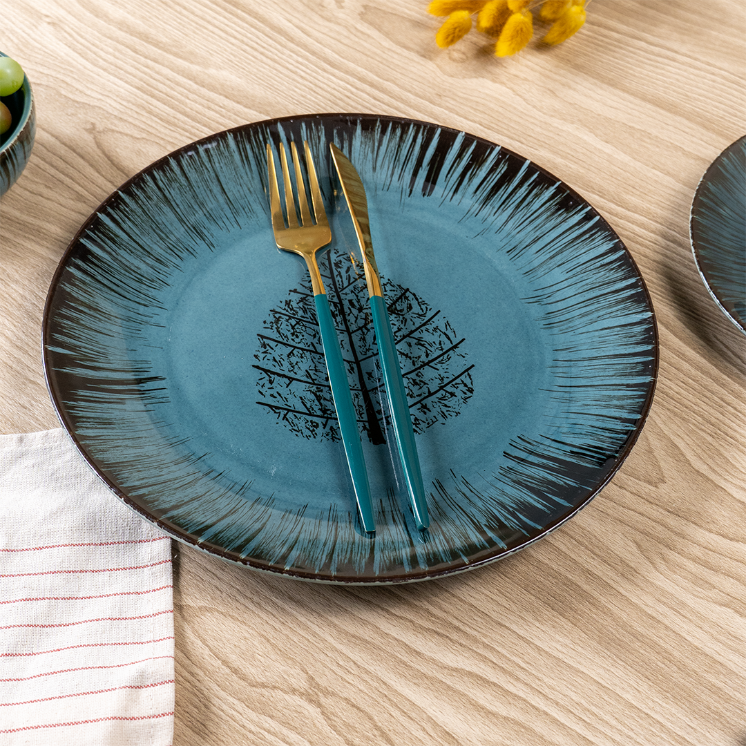 Ceramic Dinnerware Set with Black Tree Motif - Set of 18