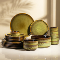 Modern Rustic Green Ceramic Dinnerware Set of 22 Piece