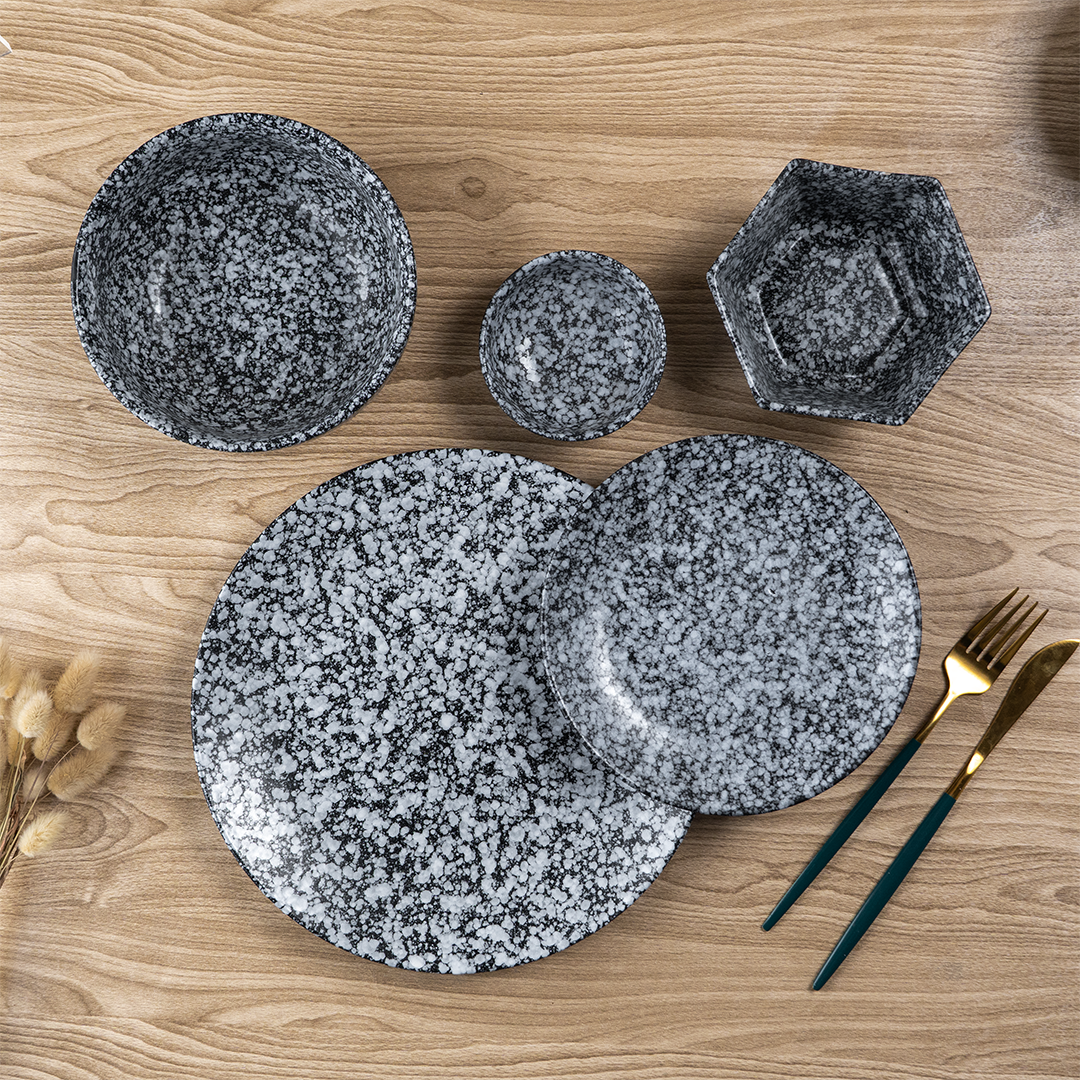 Black and White Speckled Ceramic Dinnerware - Set of 23
