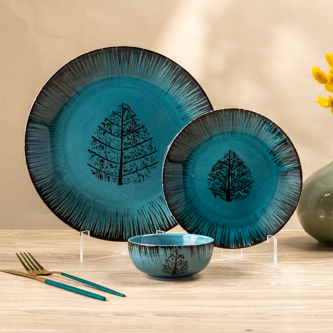 Ceramic Dinnerware Set with Black Tree Motif - Set of 18