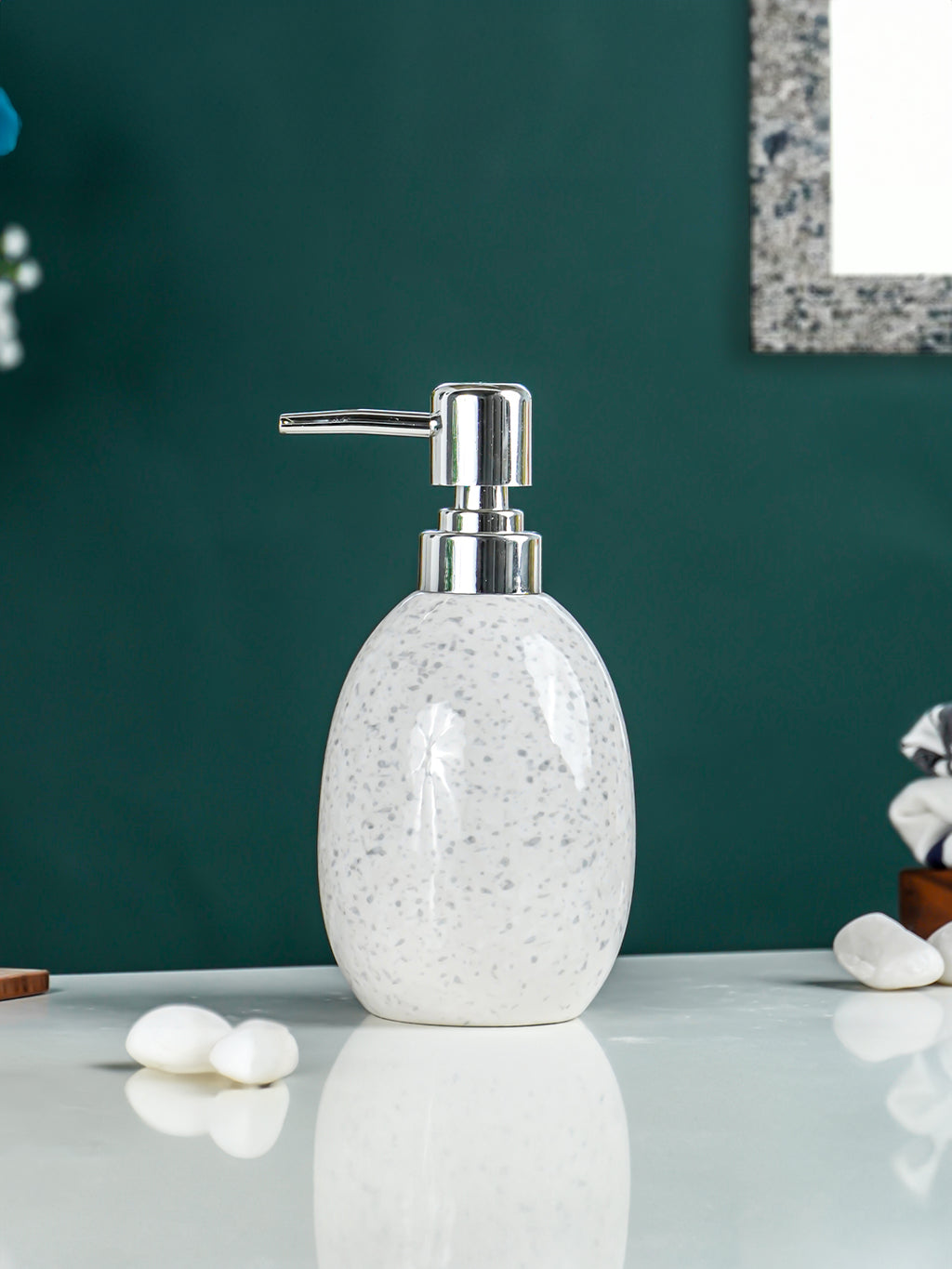 White and Gray Speckled Ceramic Soap Dispenser