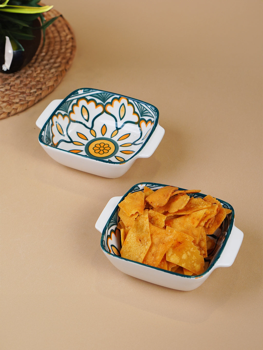 Green & Orange Meadow Square Ceramic Bowls Set of 2