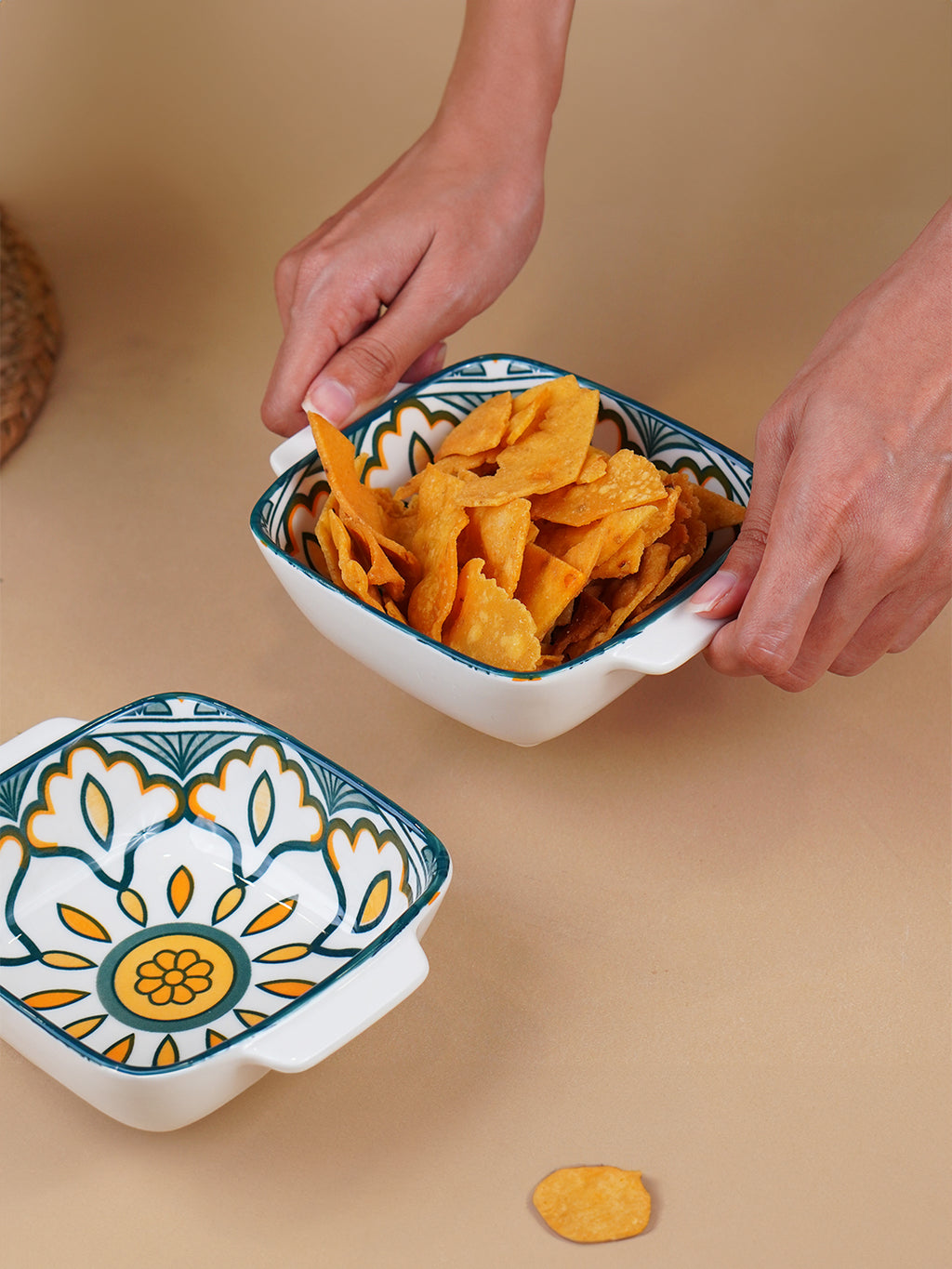 Green & Orange Meadow Square Ceramic Bowls Set of 2