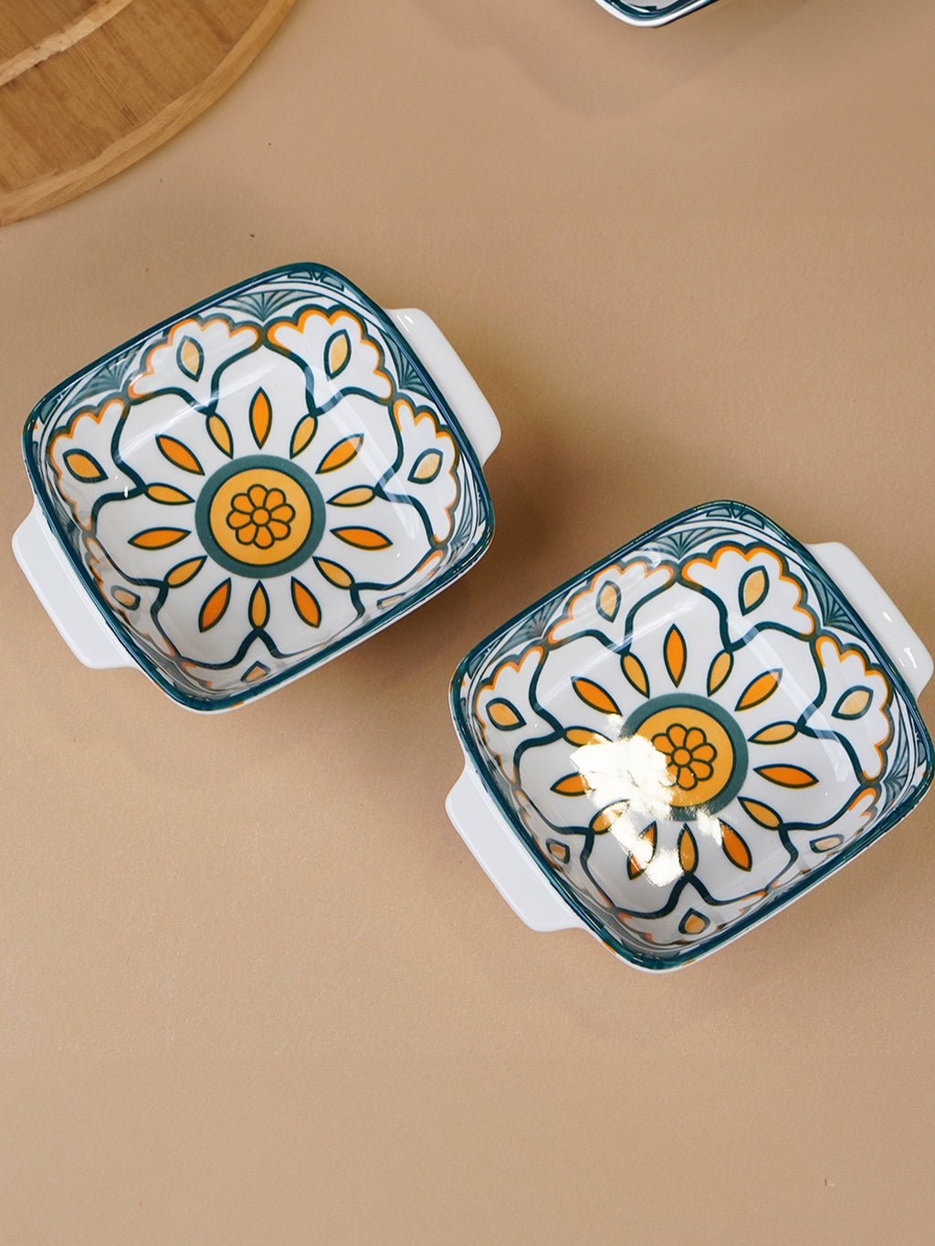 Green & Orange Meadow Square Ceramic Bowls Set of 2